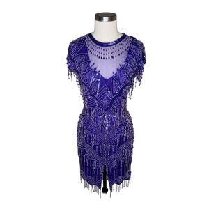 LAURENCE KAZAR Beaded Silk Dress Purple Sequin Fringe Women's PS Small Gatsby